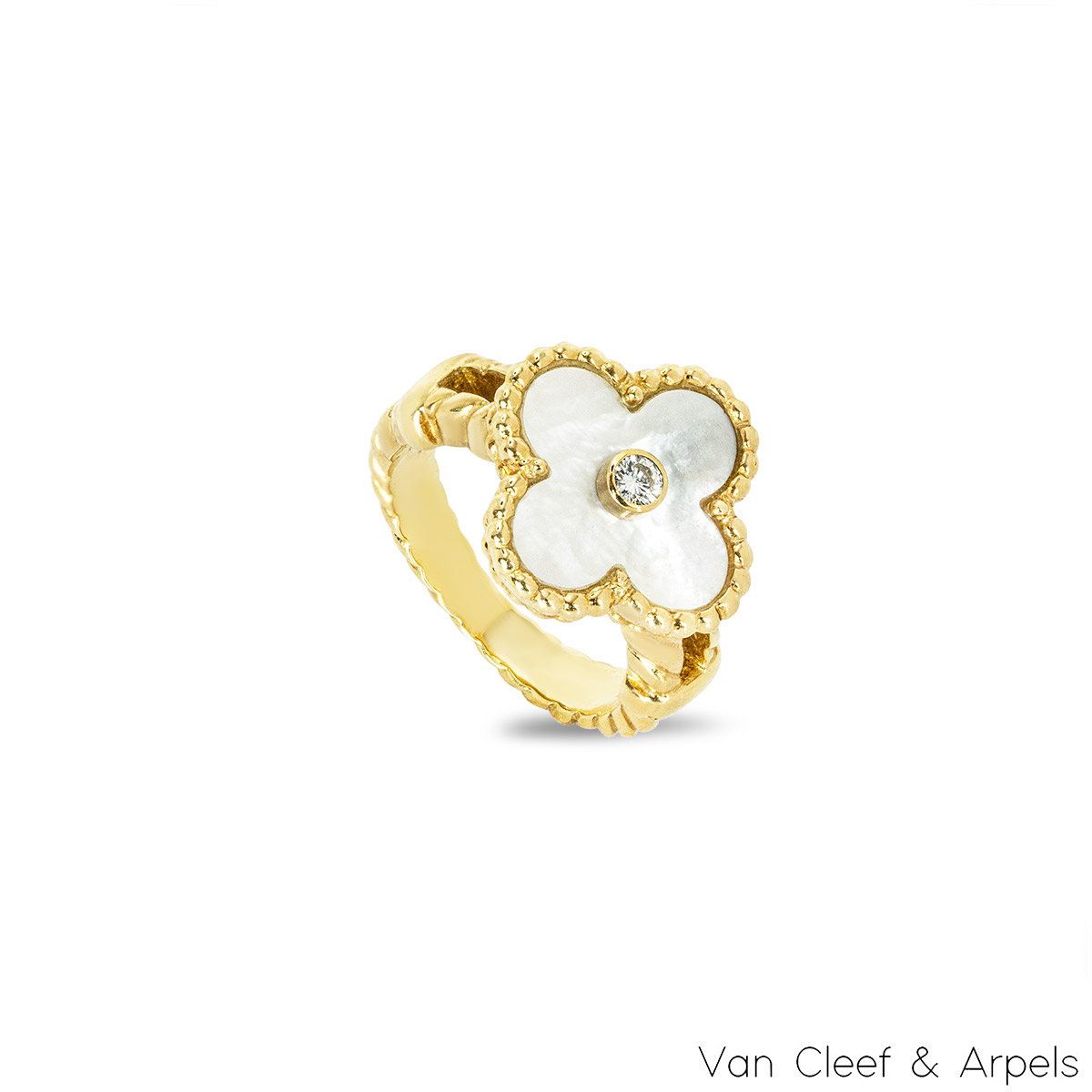 Van Cleef & Arpels Yellow Gold Mother of Pearl & Diamond Alhambra Ring